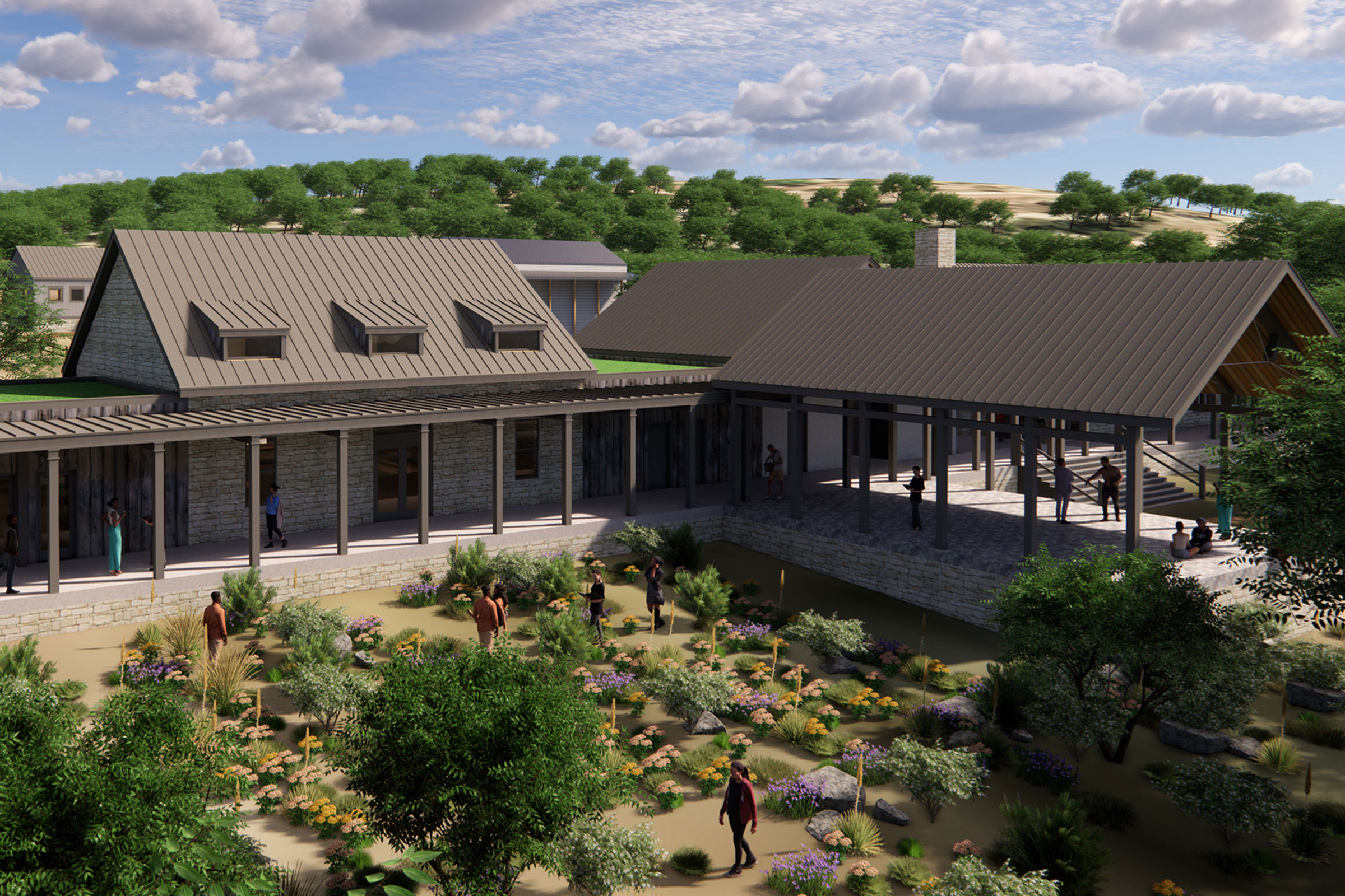 An artist's rendering of a building with open air areas and a pollinator garden in the Texas Hill Country